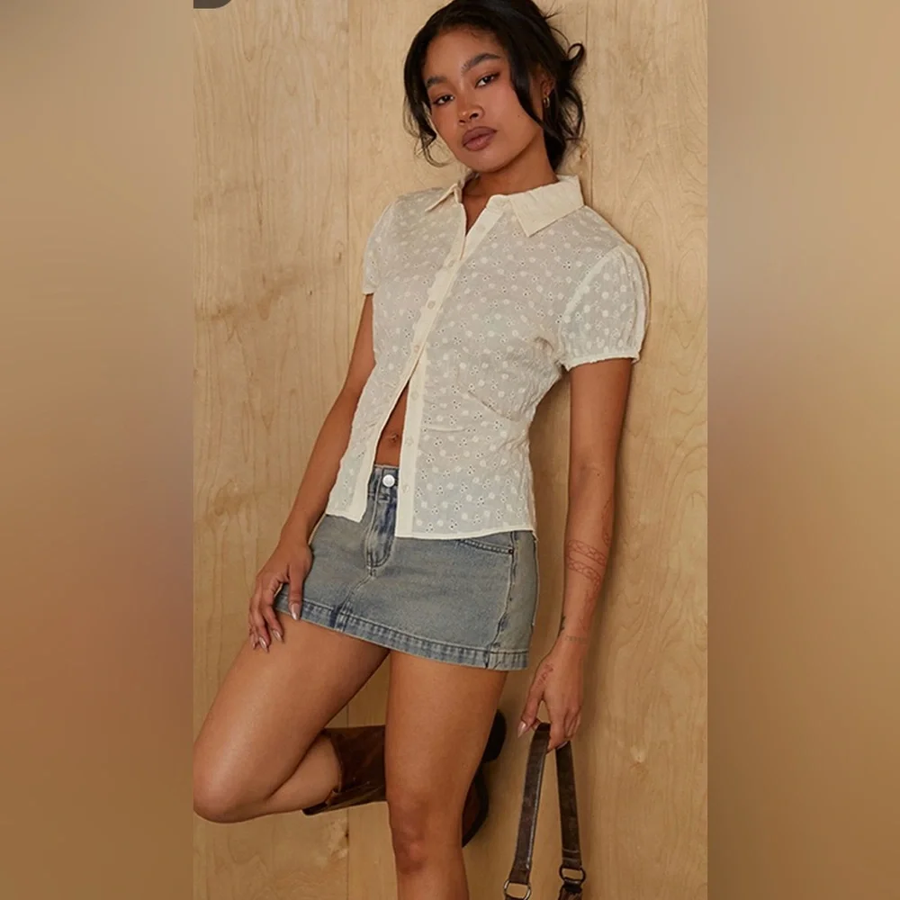 Your Favorite Magnolia Eyelet Short Sleeve Button Shirt Cream Size M NWT